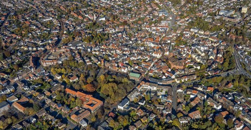 Aerial view, Old Town, Haltern Town Hall, St. Sixtus Church, historical buildings,