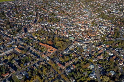 Aerial view, Old Town, Haltern Town Hall, St. Sixtus Church, historical buildings,