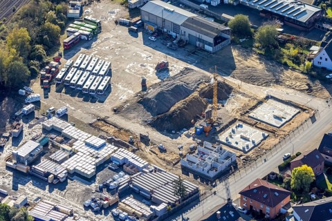 Aerial view, construction site new building flats, former company premises Klostermann,