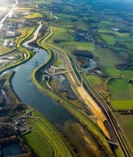 Aerial view of the Lippe floodplain and river Lippe with Lippe dike renewal and dike extension in