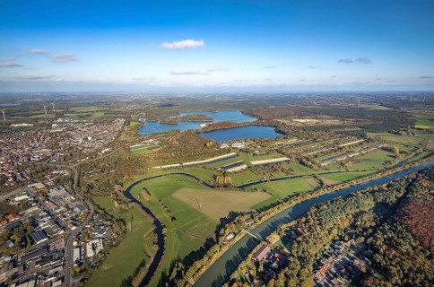 Aerial photo, GELSENWASSER AG Haltern waterworks, filter basin, Haltern reservoir, Lippe river,