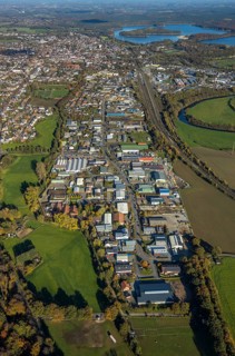Aerial view, industrial estate Annabergstraße, railway station Haltern Umbau, Halterner See,