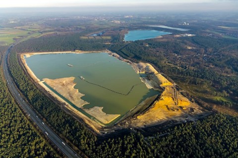 Aerial view of the Silbersee with quartz sand extraction in a forest area in the district