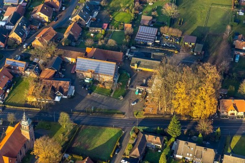 Aerial view of the catholic St.St. Anthony's Church and local view of Lavesum in Haltern am See in