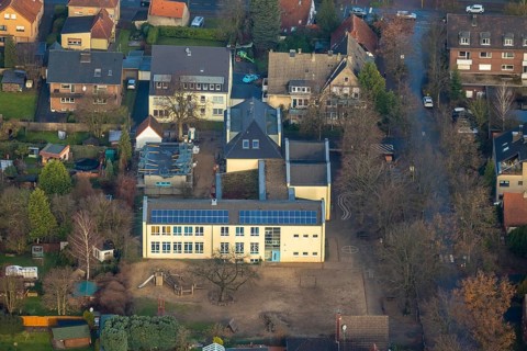 Aerial view of the Dachsberg School in the district of Flaesheim in Haltern am See in the Ruhr area