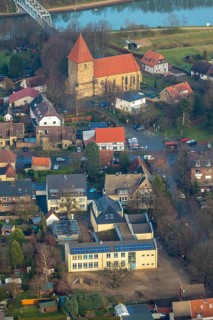 Aerial view of the church St. Maria Magdalena am Stiftsplatz in Flaesheim am Wesel-Datteln-Kanal in
