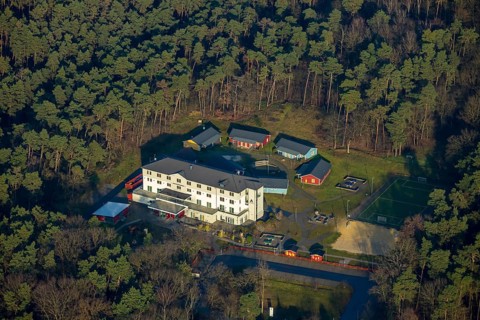 HALTERN AM SEE 16.12.2020 Aerial view of the DJH youth hostel Haltern am See in the wooded area at