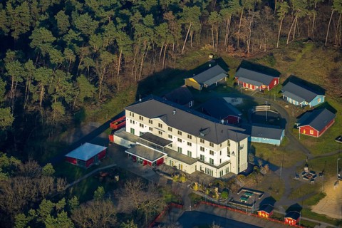 HALTERN AM SEE 16.12.2020 Aerial view of the DJH youth hostel Haltern am See in the wooded area at