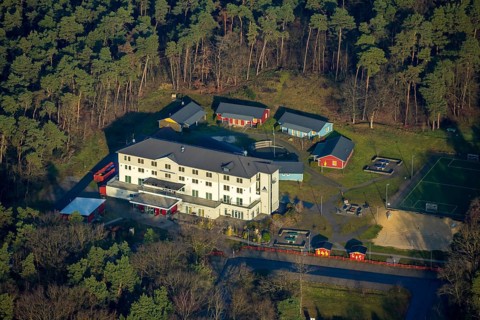 HALTERN AM SEE 16.12.2020 Aerial view of the DJH youth hostel Haltern am See in the wooded area at