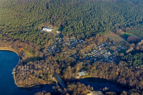 HALTERN AM SEE 16.12.2020 Aerial view of the DJH youth hostel Haltern am See in the wooded area at