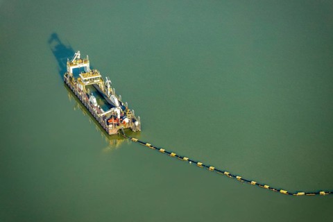 Aerial view of the Silbersee with quartz sand extraction in a forest area in the district