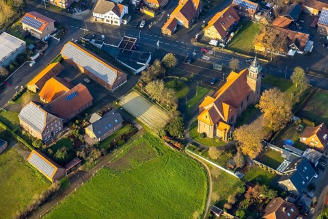 Aerial view of the catholic St.St. Anthony's Church and local view of Lavesum in Haltern am See in