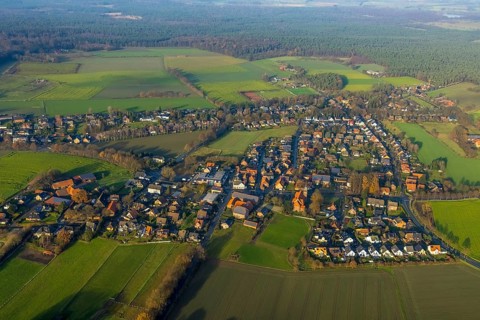 Aerial view of the catholic St.St. Anthony's Church and local view of Lavesum in Haltern am See in