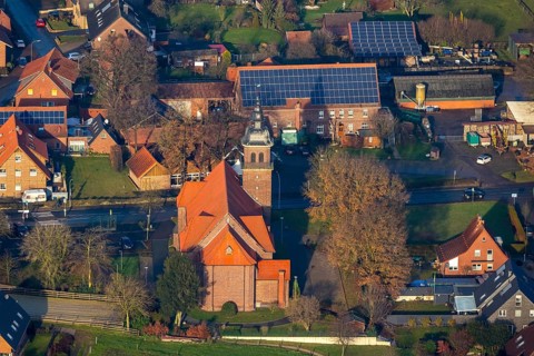 Aerial view of the catholic St.St. Anthony's Church and local view of Lavesum in Haltern am See in