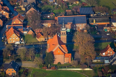 Aerial view of the catholic St.St. Anthony's Church and local view of Lavesum in Haltern am See in