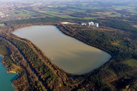 Aerial view of Silbersee III with Quarzwerke GmbH - Haltern plant for quartz sand extraction in the