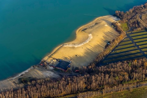 Aerial view of the bathing beach at Silbersee II in the district Lehmbraken in Haltern am See in