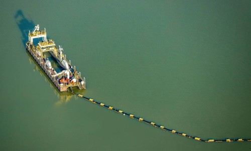 Aerial view of the Silbersee with quartz sand extraction in a forest area in the district