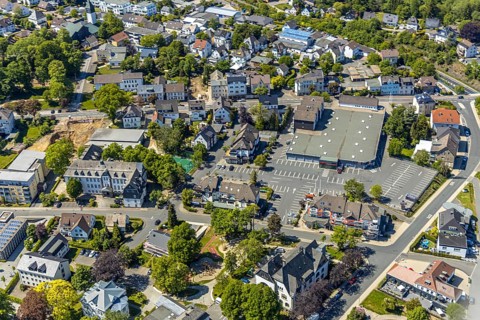 Aerial view, town hall Halver, shopping centre Von-Vincke-Straße, Halver, Märkischer Kreis,