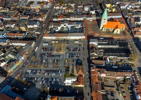 Aerial view, city centre, Evagelische Pauluskirche, building of the main office of the Sparkasse
