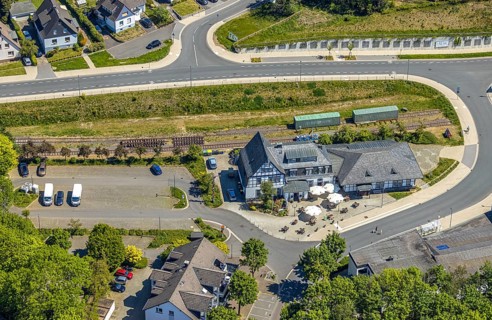 Aerial view, Brasserie Kulturbahnhof, Halver, Märkischer Kreis, Sauerland, North Rhine-Westphalia,