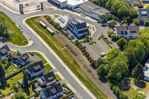 Aerial view, Brasserie Kulturbahnhof, Halver, Märkischer Kreis, Sauerland, North Rhine-Westphalia,
