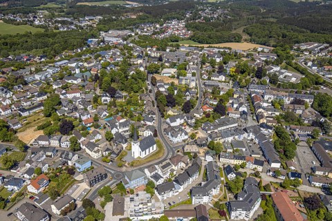 Aerial view, evang. Nicolai church, town centre, Halver, Märkischer Kreis, Sauerland, North
