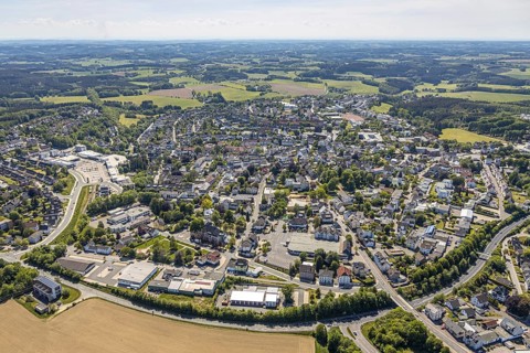 Aerial view, local view, Halver retail park, Brasserie Kulturbahnhof, Bahnhofstraße, Halver,