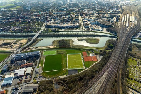 Aerial view, construction site Erlebensraum Lippeaue, Datteln-Hamm-Kanal, Hammer Technologie- und