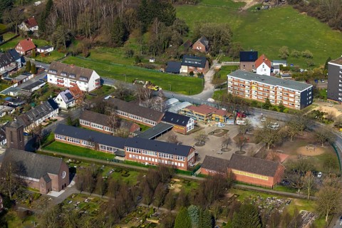 Aerial view, new extension for the OGS open all-day school of the Johannesschule, Hamm, Ruhr area,