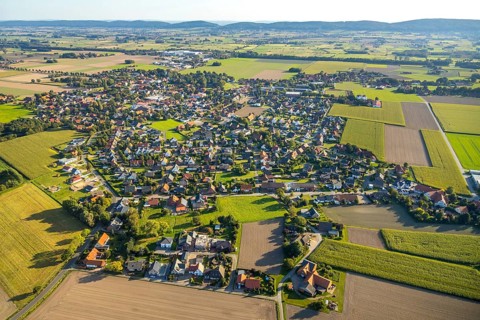Aerial view, town view Bohlen, Hille, Ostwestfalen-Lippe, OWL, North Rhine-Westphalia, Germany,