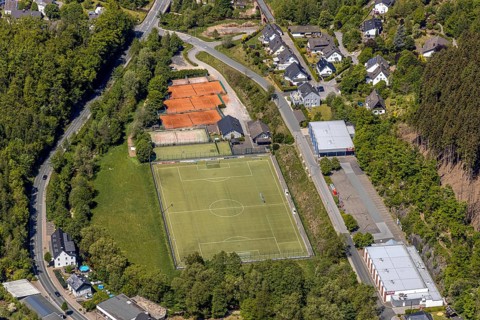 Aerial view, sports field FC Kirchhundem 1946, tennis court TC Rot-Weiß Kirchhundem, Kirchhundem,