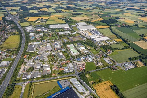 Aerial photo, Rhynern industrial estate on the A2 motorway, Rhynern, Hamm, Ruhr area, North