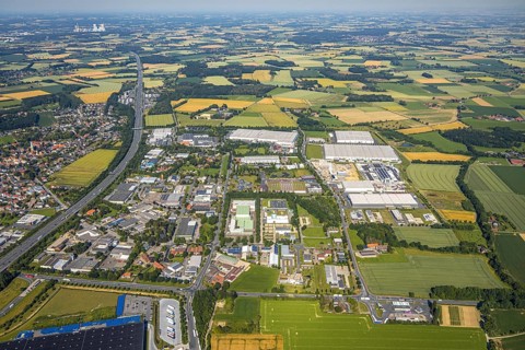 Aerial photo, Rhynern industrial estate on the A2 motorway, Rhynern, Hamm, Ruhr area, North