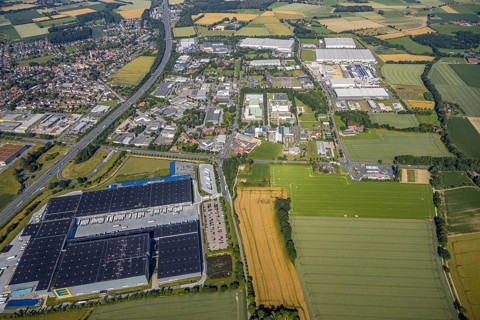 Aerial photo, Rhynern industrial estate on the A2 motorway, Rhynern, Hamm, Ruhr area, North