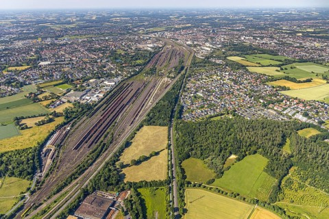 Aerial view, marshalling yard, freight yard Hamm, Lohauserholz, Hamm, Ruhr area, North