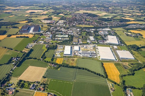 Aerial photo, Rhynern industrial estate on the A2 motorway, Rhynern, Hamm, Ruhr area, North
