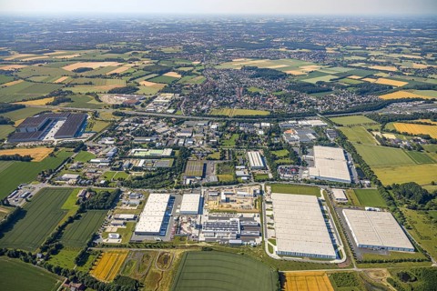 Aerial photo, Rhynern industrial estate on the A2 motorway, Rhynern, Hamm, Ruhr area, North