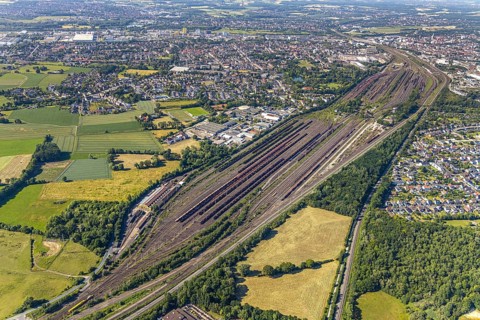 Aerial view, marshalling yard, freight yard Hamm, Lohauserholz, Hamm, Ruhr area, North