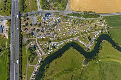 Aerial photo, A2 motorway, junction 19 Hamm-Uentrop, campsite on the Lippe, Hamm, Ruhr area, North