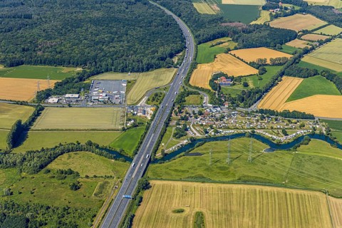 Aerial photo, A2 motorway, junction 19 Hamm-Uentrop, campsite on the Lippe, Hamm, Ruhr area, North
