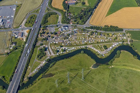 Aerial photo, A2 motorway, junction 19 Hamm-Uentrop, campsite on the Lippe, Hamm, Ruhr area, North