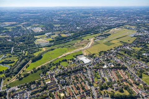 Aerial photo, construction site, Lippe floodplain, Datteln-Hamm Canal, EDLH airfield, Hamm, Ruhr