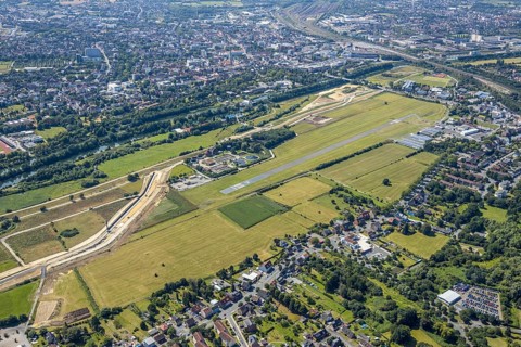 Aerial view, Lippe meadows, construction site new sheet pile wall, flood protection, Datteln-Hamm