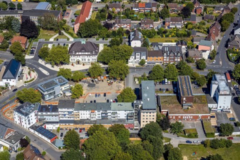 Aerial view, construction site remodelling - renewal market place, Heessen, Hamm, Ruhr area, North