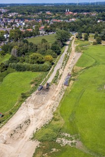 Aerial photo, construction site new sheet pile wall Lippewiesen, Hamm, Ruhr area, North