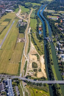 Aerial view, construction site Erlebensraum Lippeaue, Datteln-Hamm-Canal, sports fields of HTC