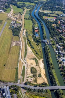Aerial view, construction site Erlebensraum Lippeaue, Datteln-Hamm canal, sports fields of the HTC