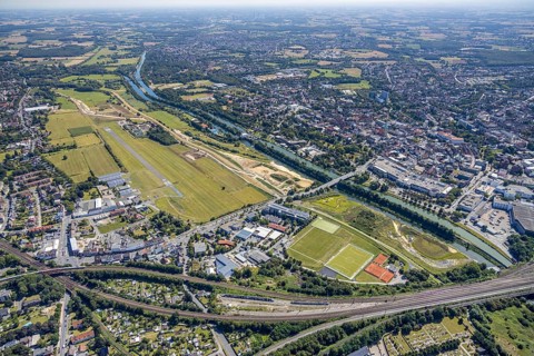 Aerial view, construction site Erlebensraum Lippeaue, Datteln-Hamm-Canal, Hammer Technologie- und