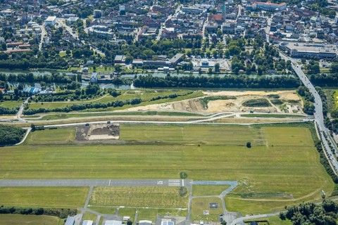 Aerial photo, construction site, Lippe floodplain, Datteln-Hamm Canal, EDLH airfield, Hamm, Ruhr